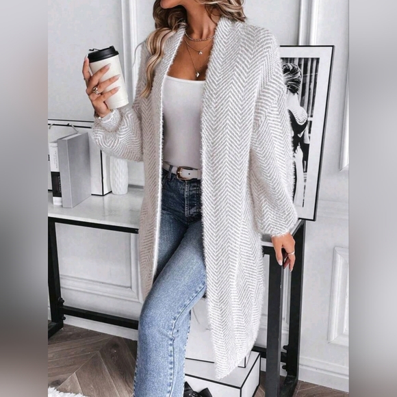 New Chic Fluffy Chevron Knit Cardigan Sweater Duster White Cream Ivory Tan - Picture 2 of 8